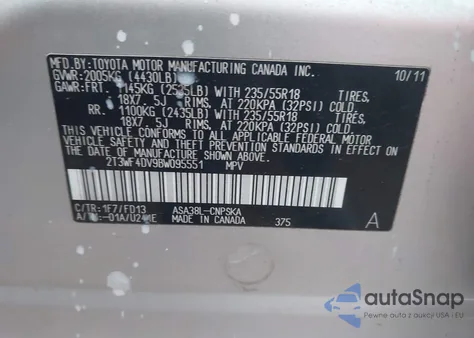 2011 Toyota Rav4 Sport z USA, uszkodzony, nr VIN 2T3WF4DV9BW095551